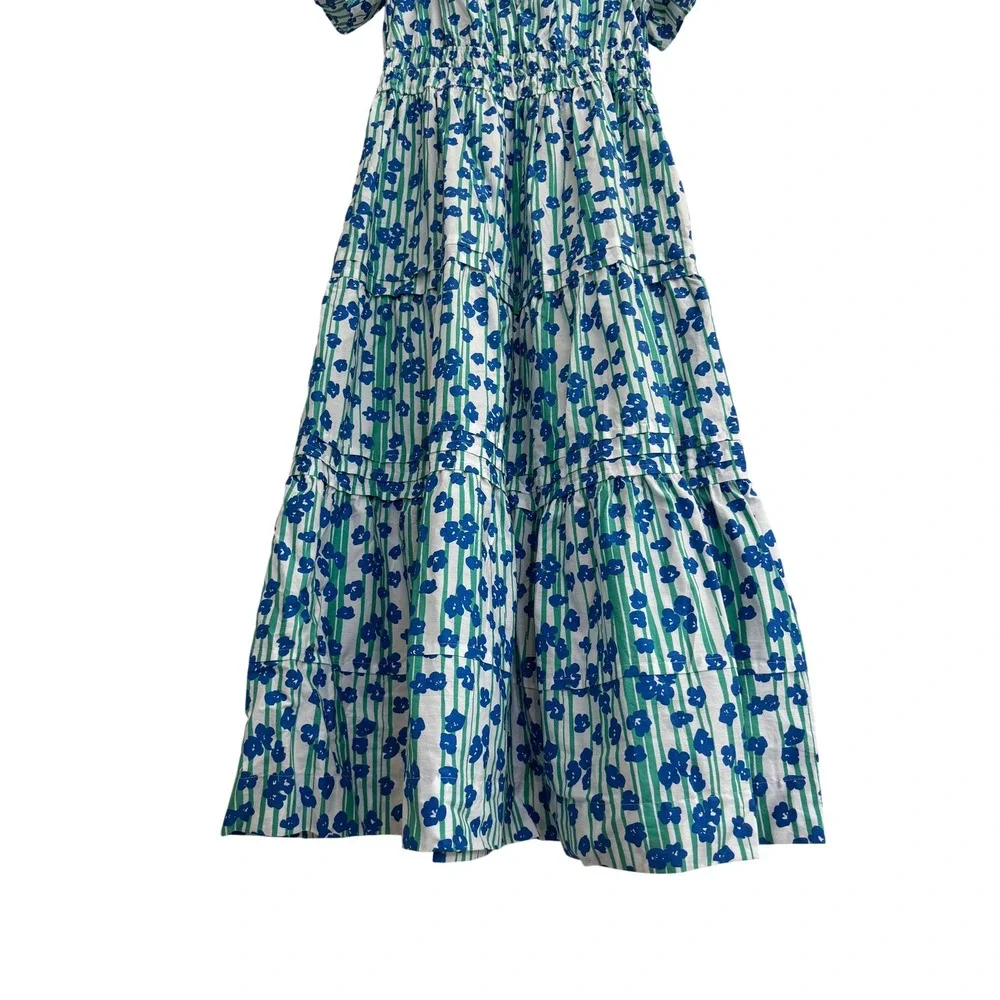 Anthropologie Floral Striped Tiered Maxi Dress Cotton Blue Green White Size L - Picture 8 of 11